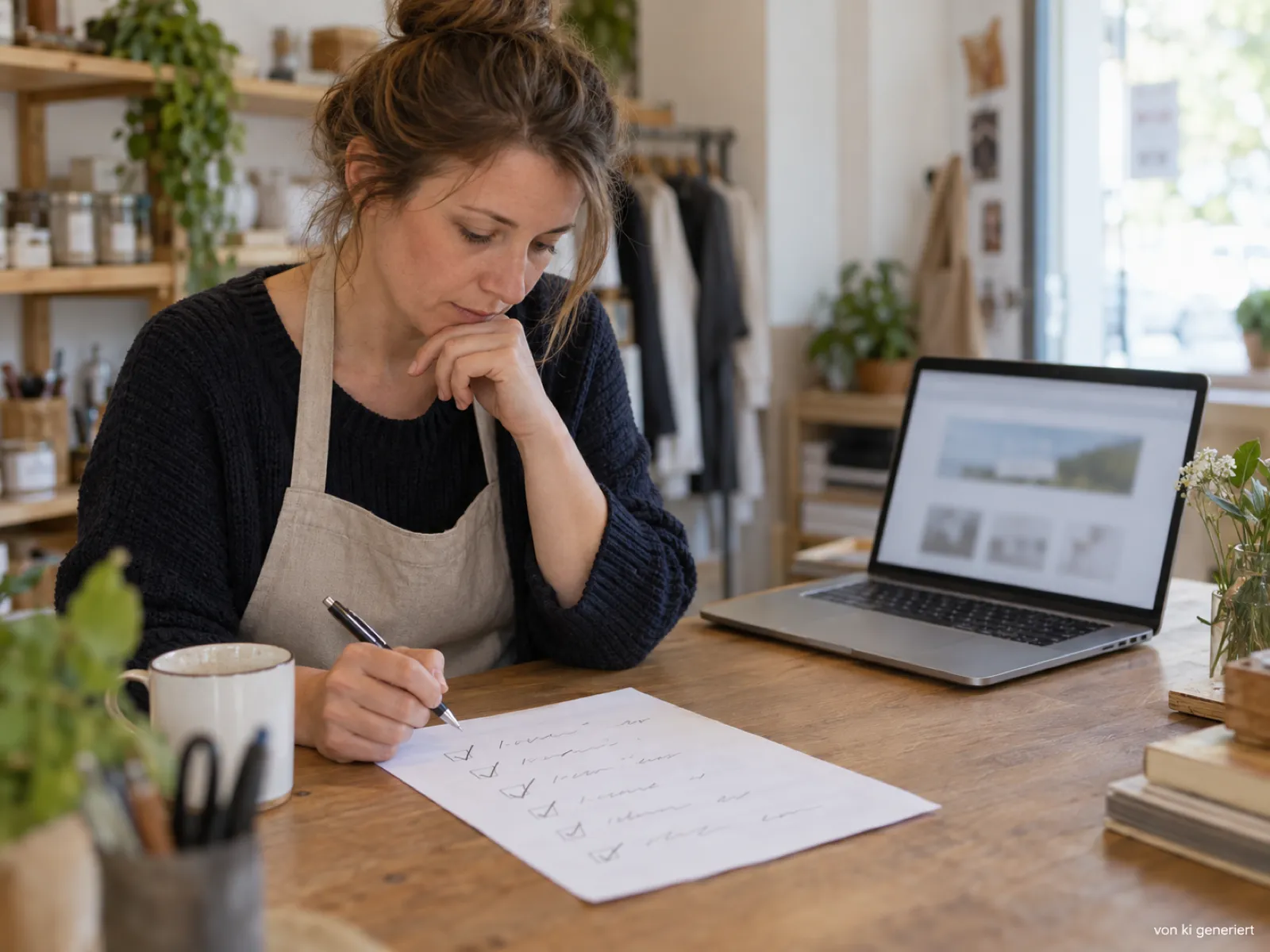 Ein Ladenbesitzer geht am Schreibtisch eine Checkliste zu seiner Website durch.