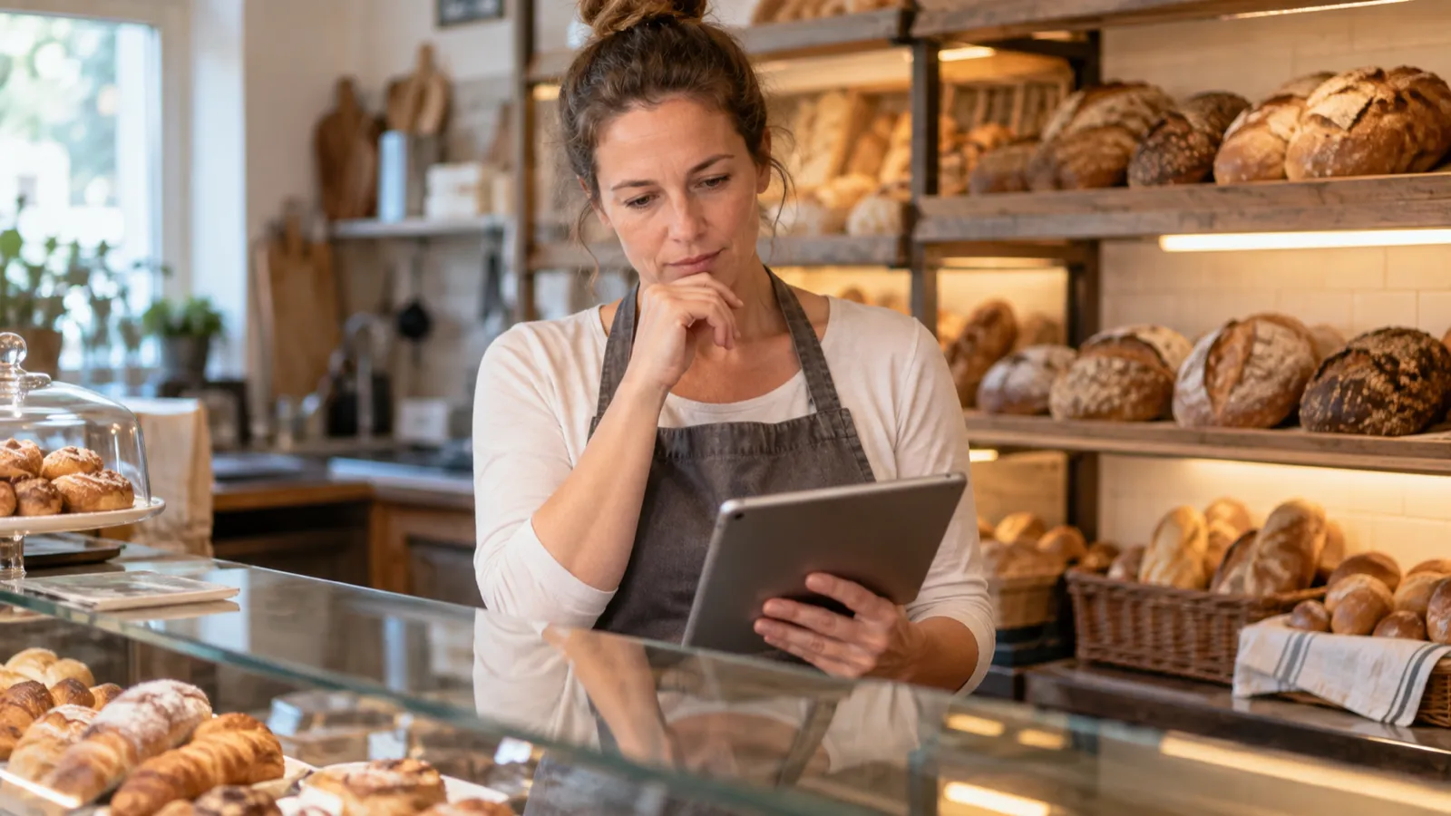 Bäckerin steht hinter der Theke und schaut nachdenklich auf ein Tablet