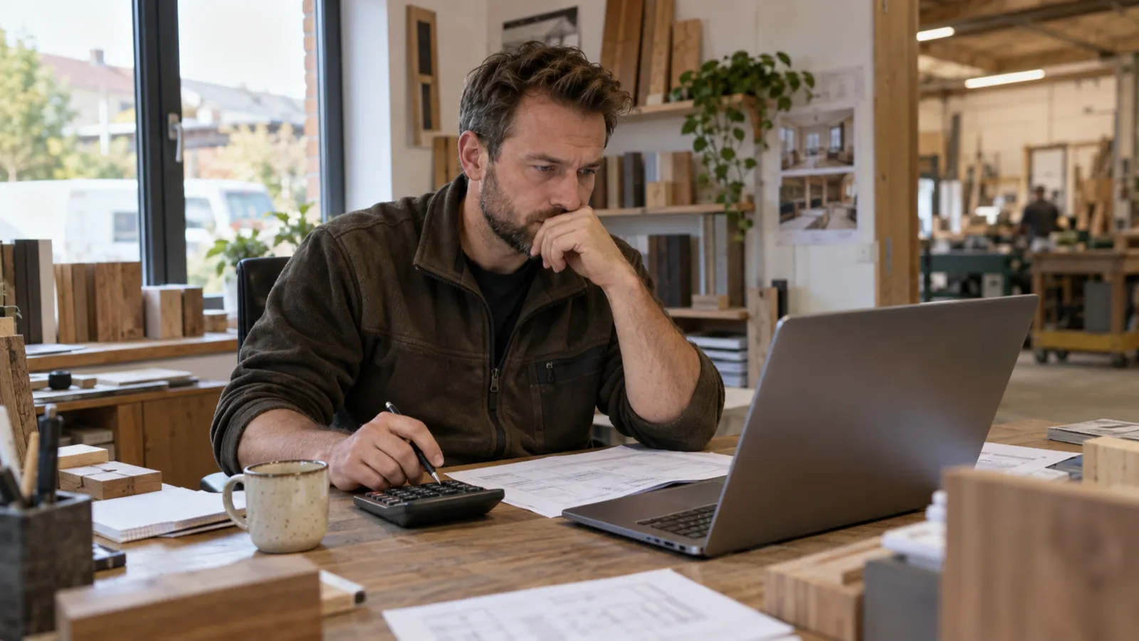 Inhaber einer Schreinerei rechnet am Schreibtisch mit Laptop, Angebot und Taschenrechner