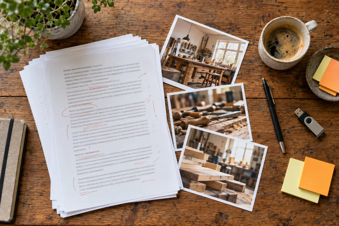 Ausgedruckte Texte mit Korrekturen, Fotos einer Werkstatt, USB-Stick und Haftnotizen auf einem Holztisch