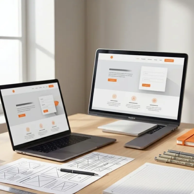 Webdesign-Arbeitsplatz mit Wireframes und zwei Bildschirmen