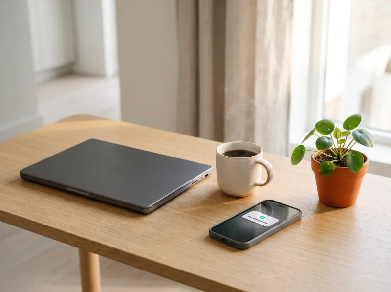 Zugeklappter Laptop, Kaffeetasse und Smartphone mit grünem Haken