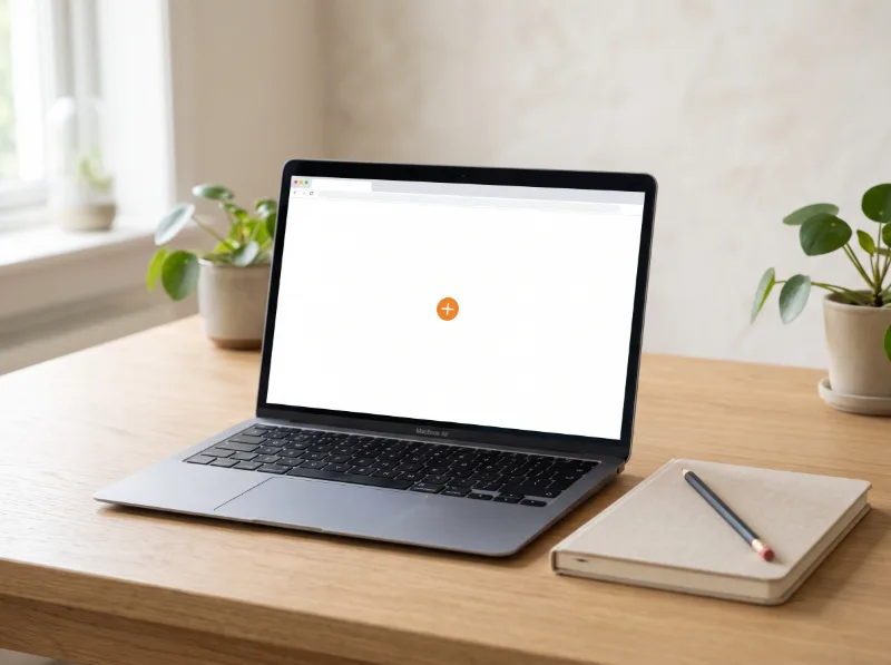 Laptop mit leerem Browserfenster und einem orangen Plus