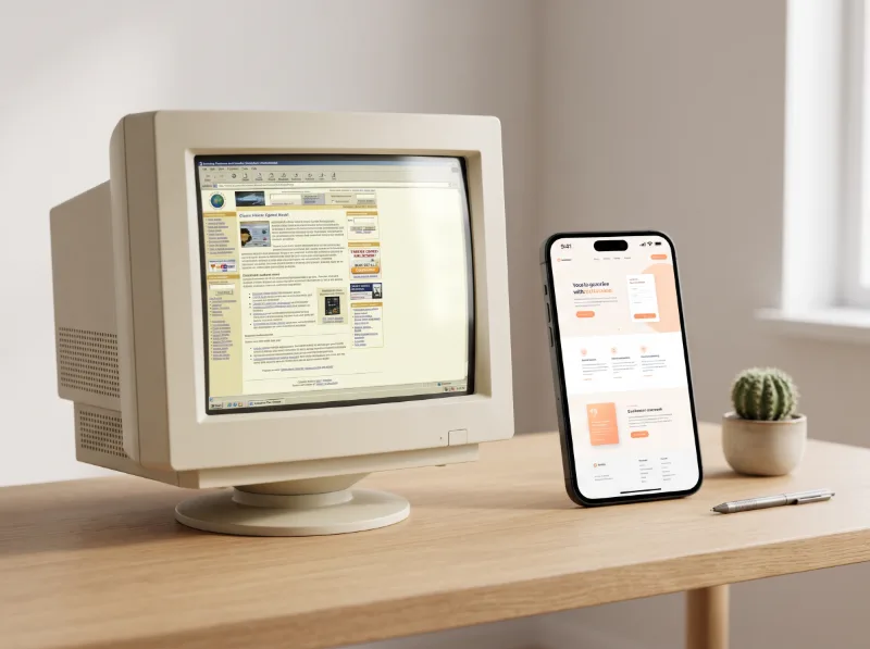 Alter Röhrenmonitor mit veralteter Website neben einem Smartphone mit moderner Seite